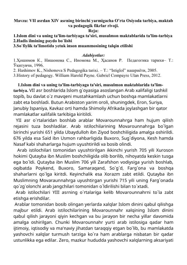 VII asrdan XIV asrning birinchi yarmigacha O’rta Osiyoda tarbiya, maktab va pedagogik fikrlar rivoji