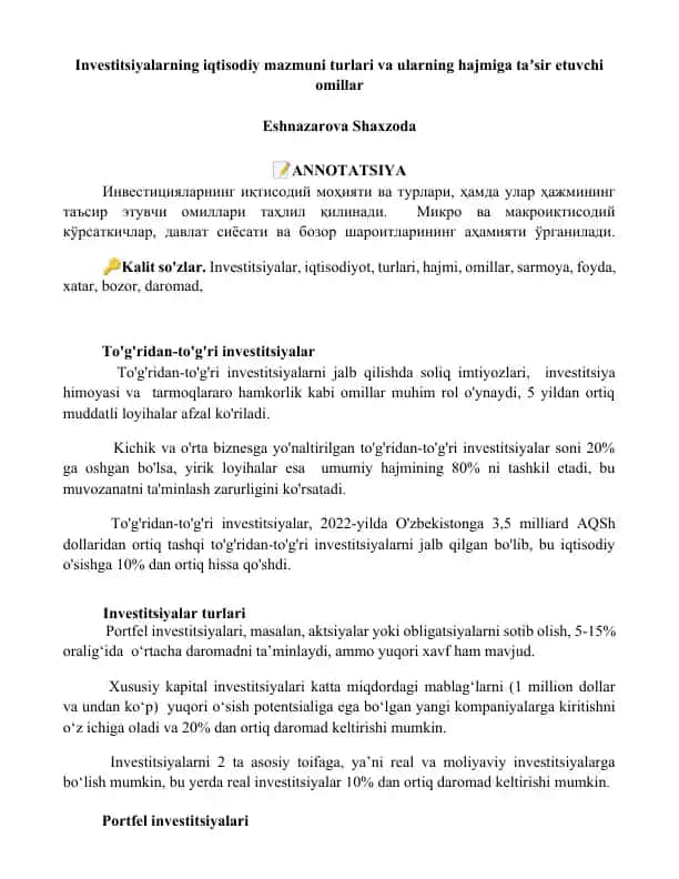 Investitsiyalarning iqtisodiy mazmuni turlari va ularning hajmiga taʼsir etuvchi omillar