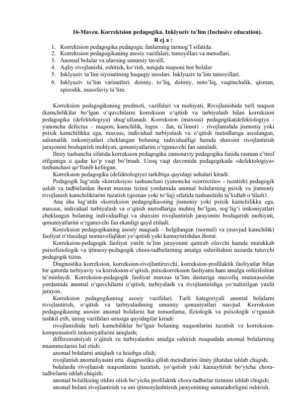 Korrektsion pedagogika. Inklyuziv ta’lim (Inclusive education)