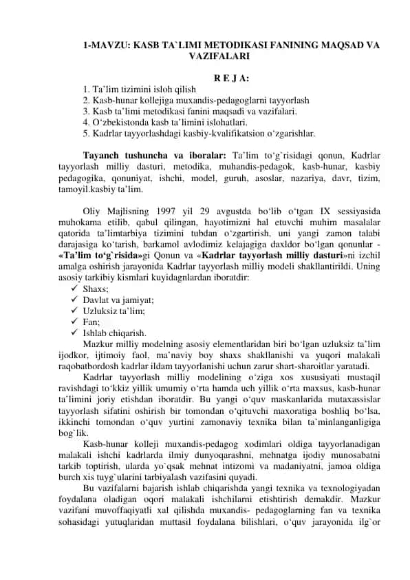 Kasb Ta`limi Metodikasi Fanining Maqsad va Vazifalari