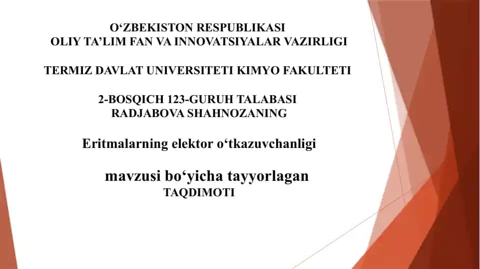 Eritmalar ning elektro o‘tkazuvchanligi mavzusiga oid taqdimot