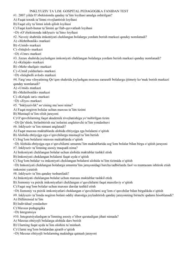 INKLYUZIV TA`LIM. GOSPITAL PEDAGOGIKA FANIDAN TEST