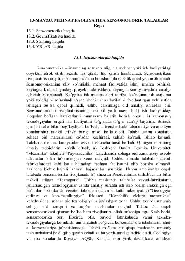 Sensomotorika va mehnat faoliyatida sensomotorik talablar