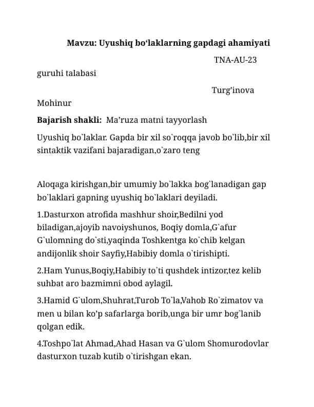 Uyushiq boʻlaklarning gapdagi ahamiyati