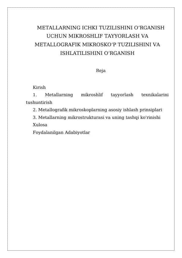 Mikroshlif tayyorlash va metallografik mikroskop