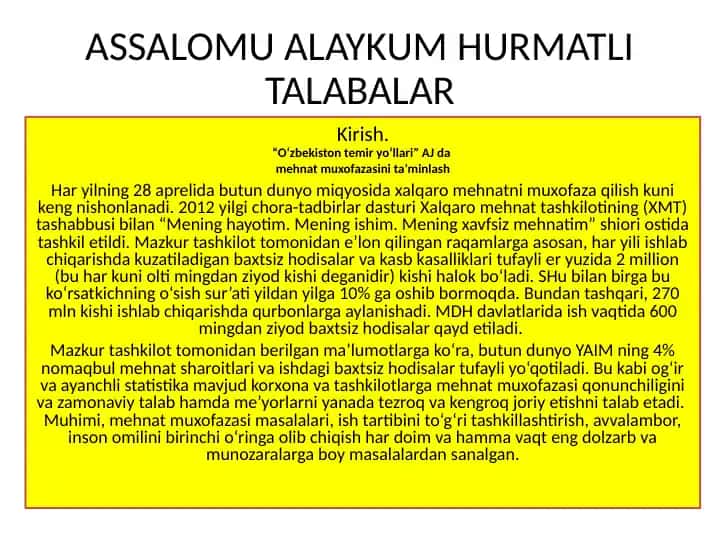 O‘zbekiston temir yo‘llari AJda mehnat muhofazasi