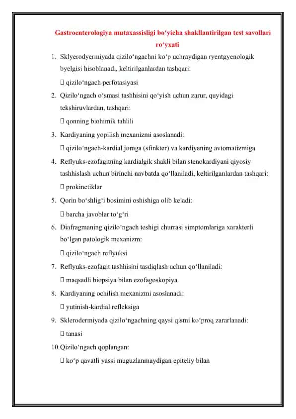Gastroenterologiya mutaxassisligi boʻyicha test savollari toʻplami