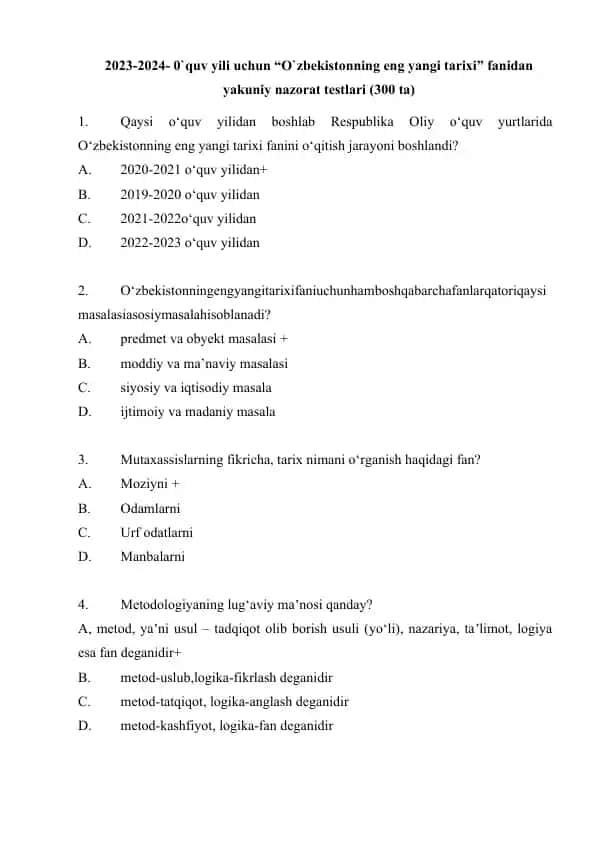 2023-2024- 0`quv yili uchun “O`zbekistonning eng yangi tarixi” fanidan yakuniy nazorat testlari (300 ta)