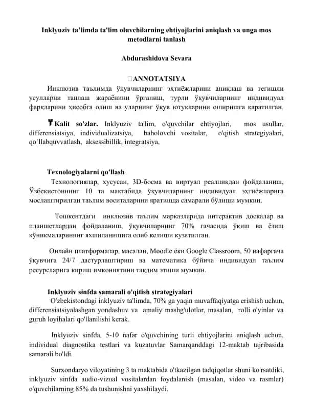 Inklyuziv ta’limda o‘quvchilarning ehtiyojlarini aniqlash va mos metodlarni tanlash