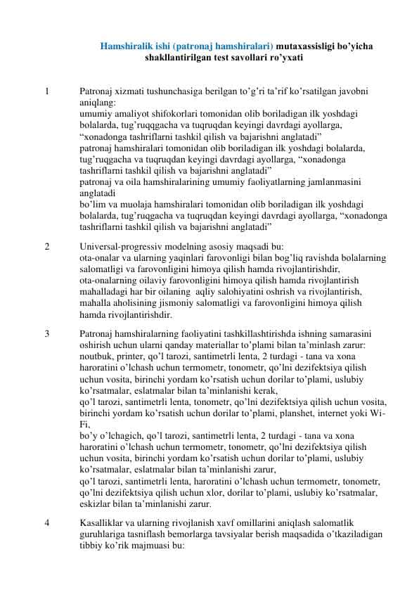 Hamshiralik ishi test savollari