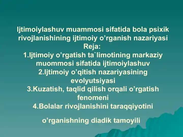 Ijtimoiylashuv muammosi sifatida bola psixik rivojlanishining ijtimoiy o’rganish nazariyasi