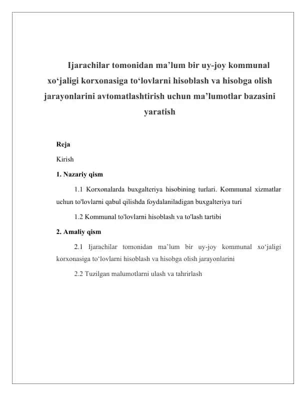 Kommunal Xizmatlar Bo‘yicha Ma’lumotlar Bazasi