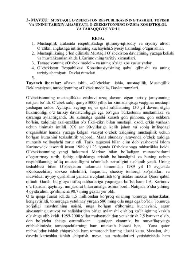 O'zbekiston Respublikasining Mustaqillik Tarixi
