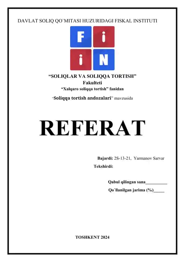 Soliqqa tortish andozalari mavzusida referat
