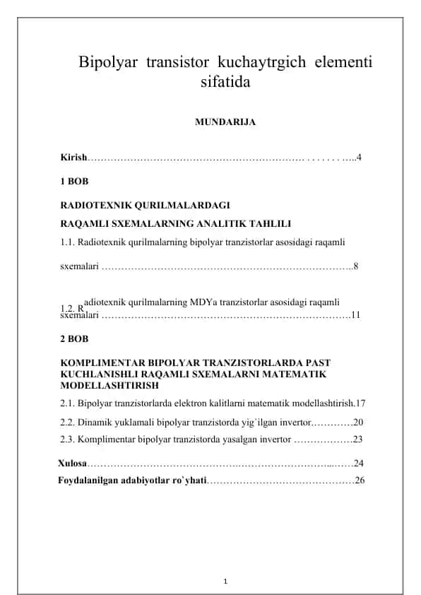 Bipolyar tranzistor kuchaytirgich elementlari va raqamli sxemalar tahlili