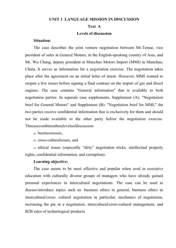 Negotiation Case Study between General Motors and Munchao Motors Import