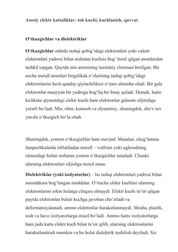 Asosiy elektr kattaliklar: tok kuchi, kuchlanish, quvvat