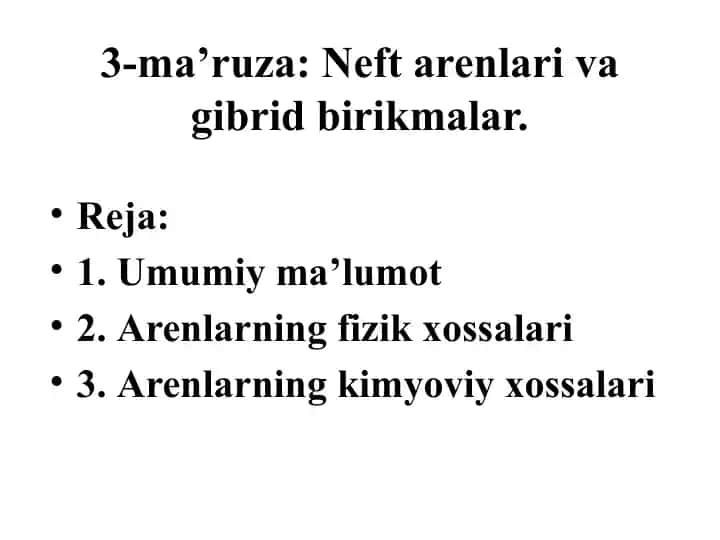 Neftarenlar va ularning birikmalarining kimyoviy xossalari