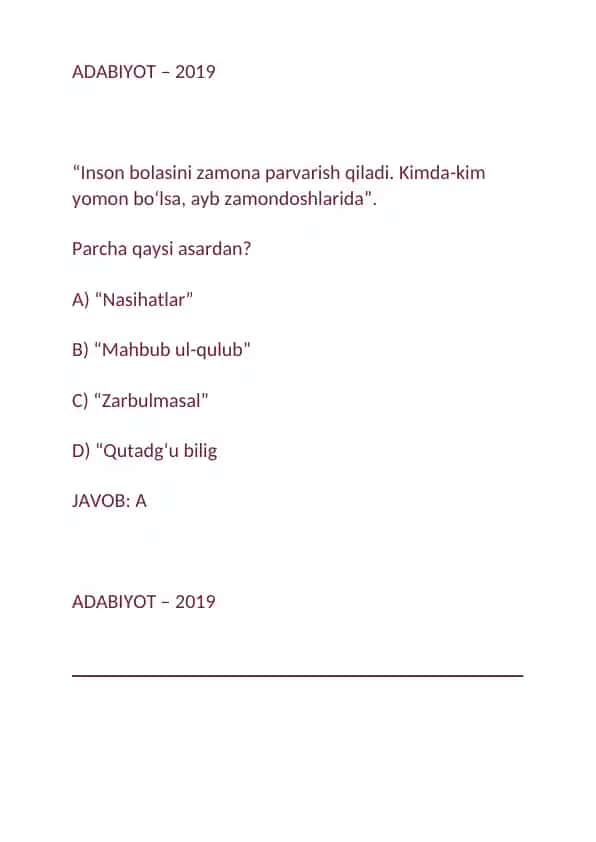 Taʼlim sohasida adabiyot fanlari boʻyicha test savollari va javoblari