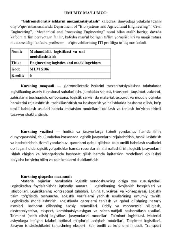 Gidromeliorativ ishlarni mexanizatsiyalash kursi