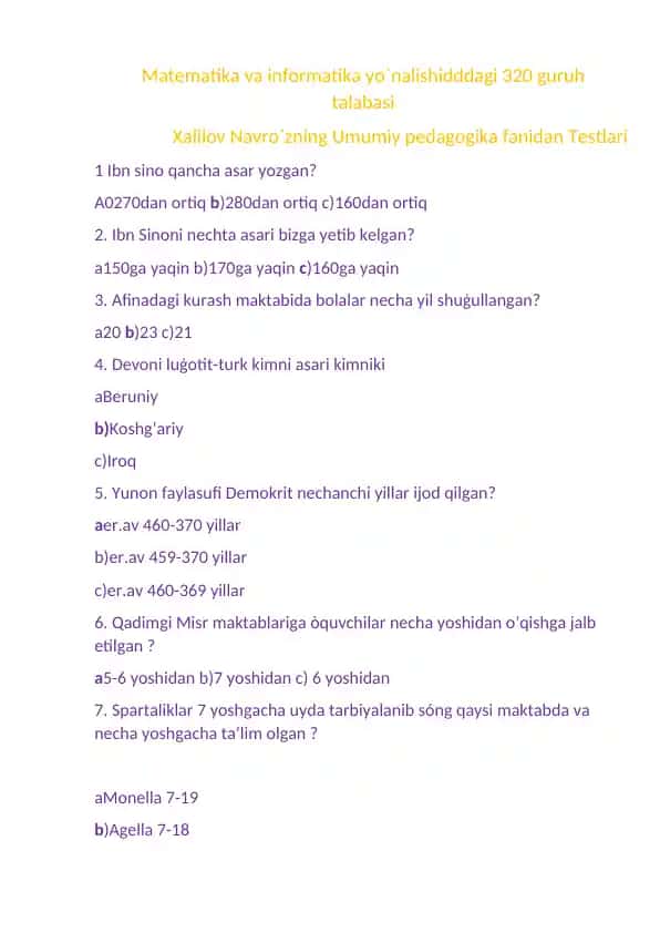 Xalilov Navro`zning Umumiy pedagogika fanidan Testlari