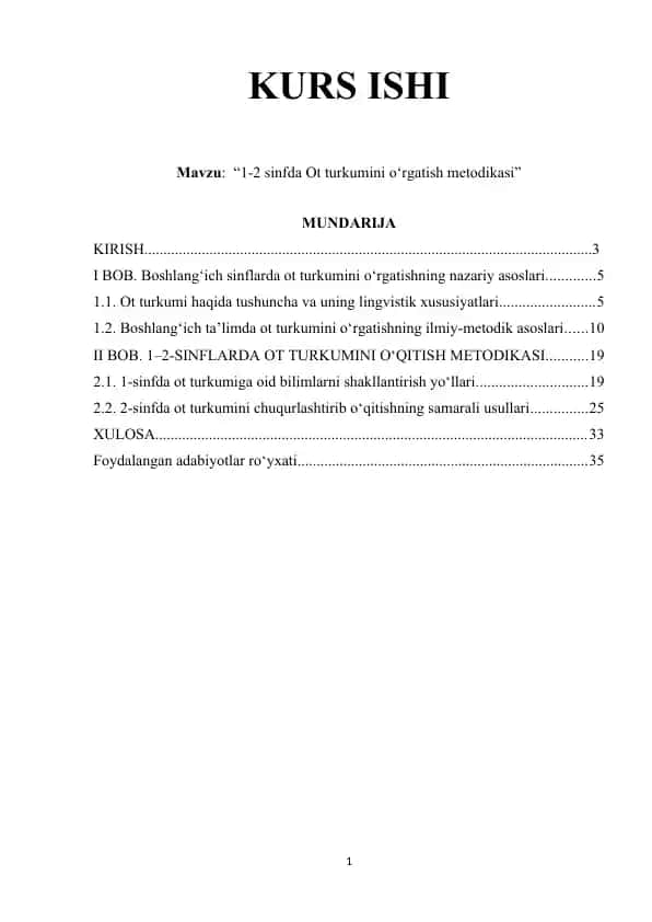 1-2 sinfda Ot turkumini o‘rgatish metodikasi