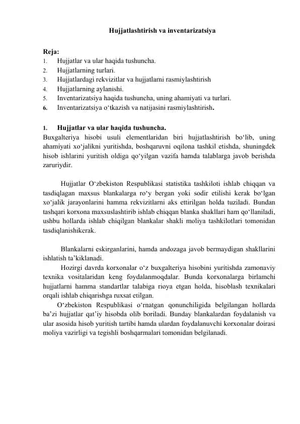 Hujjatlashtirish va inventarizatsiya