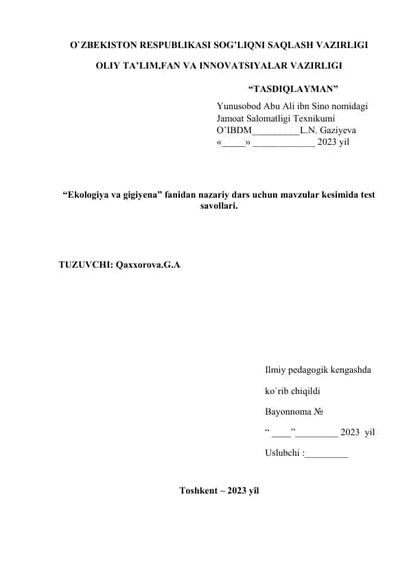 Ekologiya va gigiyena fanidan test savollari