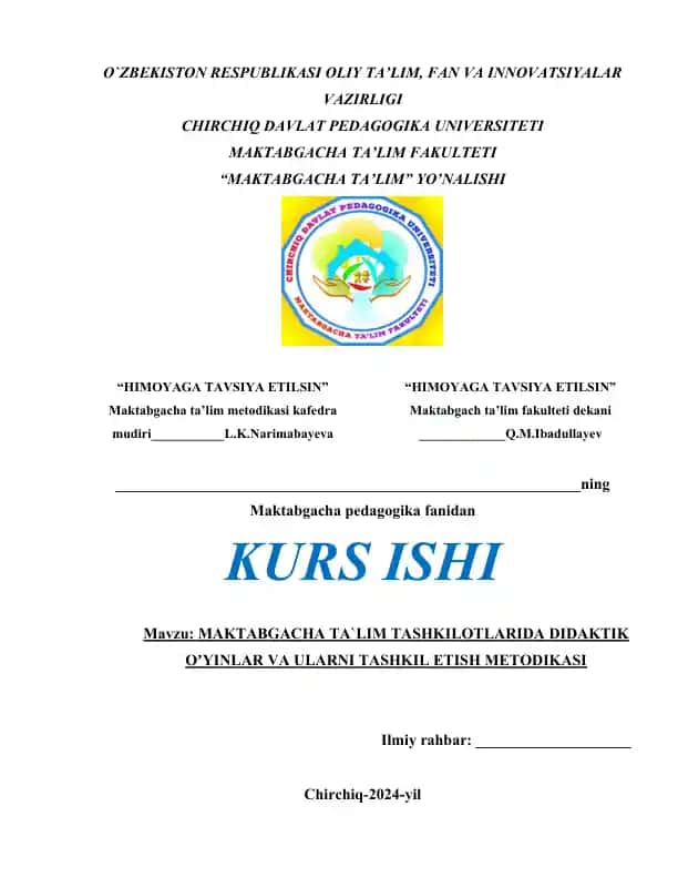 MAKTABGACHA TA`LIM TASHKILOTLARIDA DIDAKTIK OʼYINLAR VA ULARNI TASHKIL ETISH METODIKASI