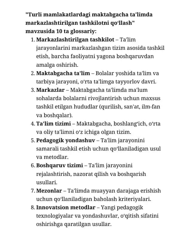 Turli mamlakatlardagi maktabgacha ta'limda markazlashtirilgan tashkilotni qo‘llash glossariysi