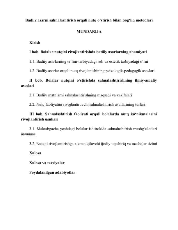 Badiiy asarni sahnalashtirish orqali nutq oʻstirish bilan bogʻliq metodlari