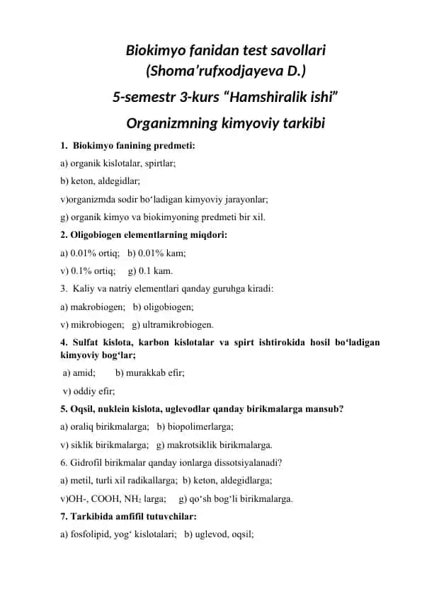 Biokimyo fanidan test savollari