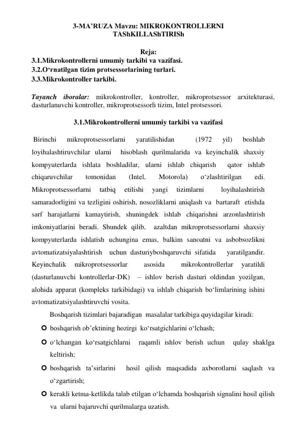 MIKROKONTROLLERNI TAShKILLAShTIRISh
