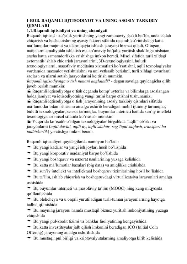 Raqamli iqtisodiyot va uning asosiy tarkibi