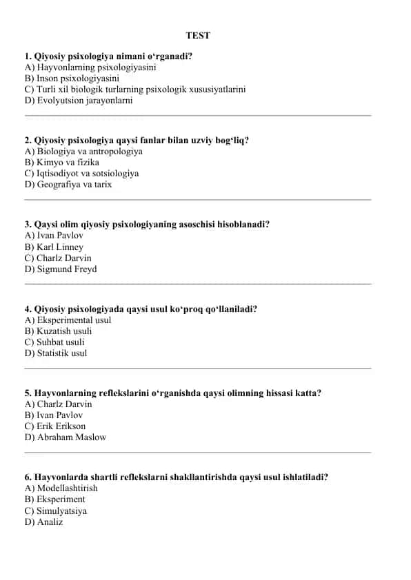 Qiyosiy Psixologiya Test Savollari