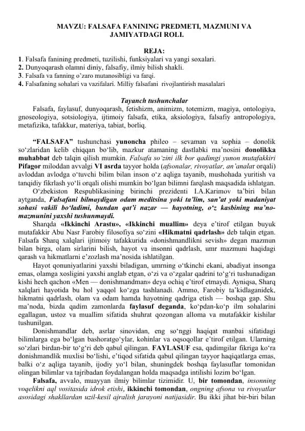 Falsafa fanining predmeti, mazmuni va jamiyatdagi roli