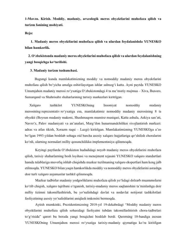 Mavzu. Kirish. Moddiy, madaniy, arxeologik meros obyektlarini muhofaza qilish va turizm fanining mohiyati.