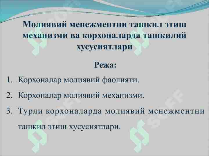 Moliyaviy menejmentni tashkil etish mexanizmi va korxonalarda tashkiliy xususiyatlari