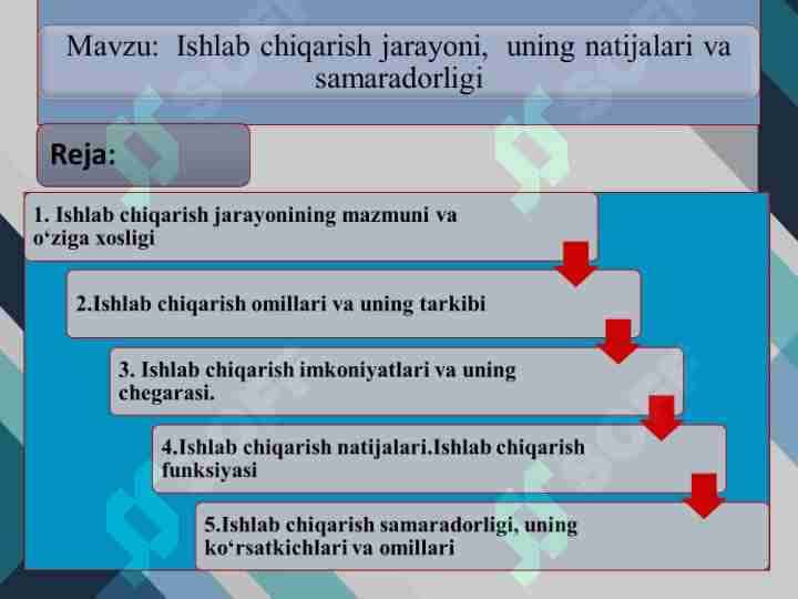Ishlab chiqarish jarayoni, uning natijalari va samaradorligi