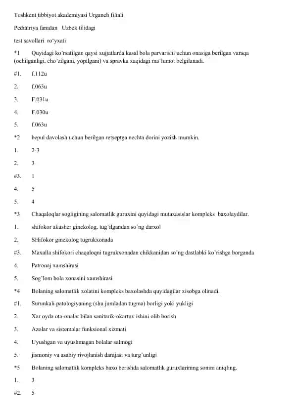 Pediatriya fanidan test savollari (O‘zbek tilida) – Toshkent tibbiyot akademiyasi, Urganch filiali
