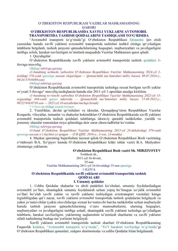 Xavfli yuklarni avtomobil transportida tashish qoidalari