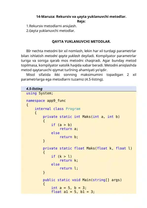 Rekursiv va qayta yuklanuvchi metodlar