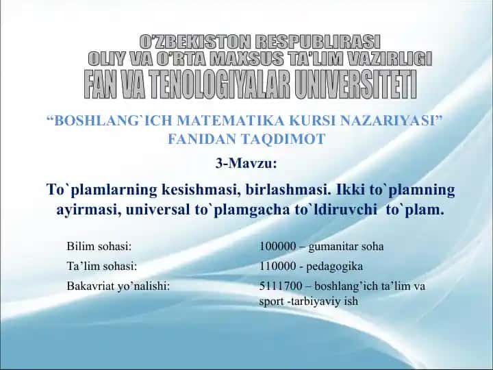 BOSHLANG`ICHMATEMATIKA KURSI NAZARIYASI