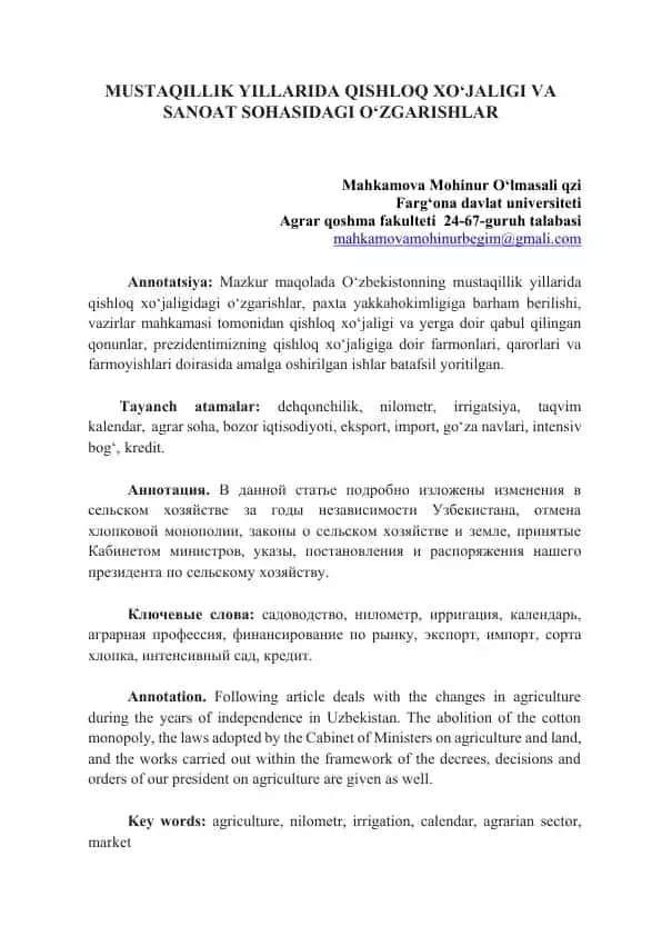 MUSTAQILLIK YILLARIDA QISHLOQ XO‘JALIGI VA SANOAT SOHASIDAGI O‘ZGARISHLAR