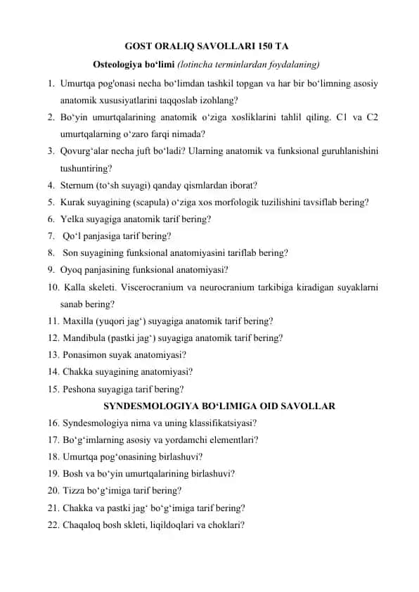 Osteologiya test savollari