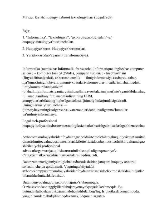 Huquqiy Axborot Texnologiyalari (LegalTech)