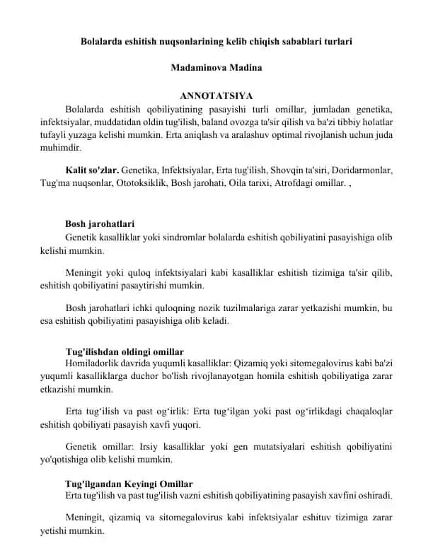Bolalarda eshitish nuqsonlarining kelib chiqish sabablari turlari