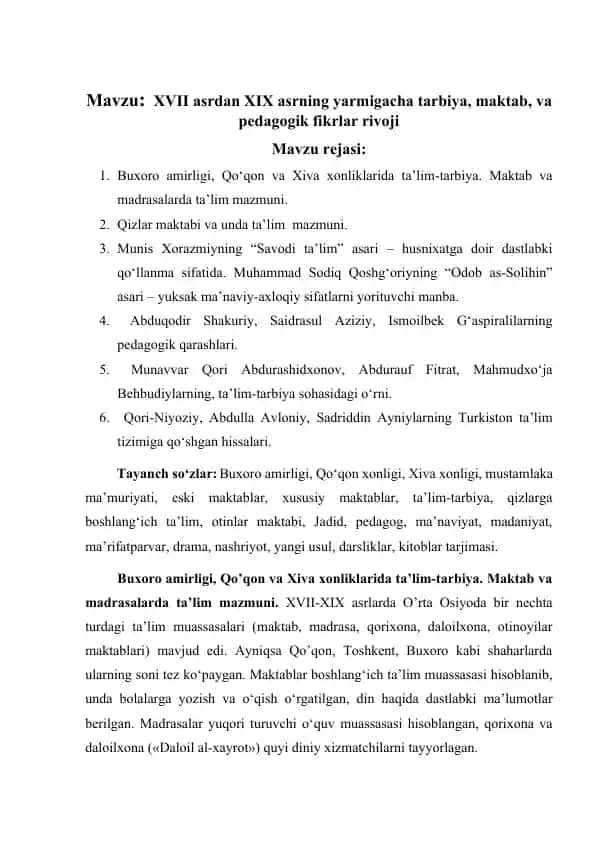 Tarbiya va Pedagogik Fikrlar XVII-XIX asrlarda