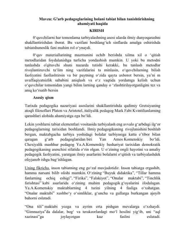 G'arb pedagoglarining bolani tabiat bilan tanishtirishning ahamiyati