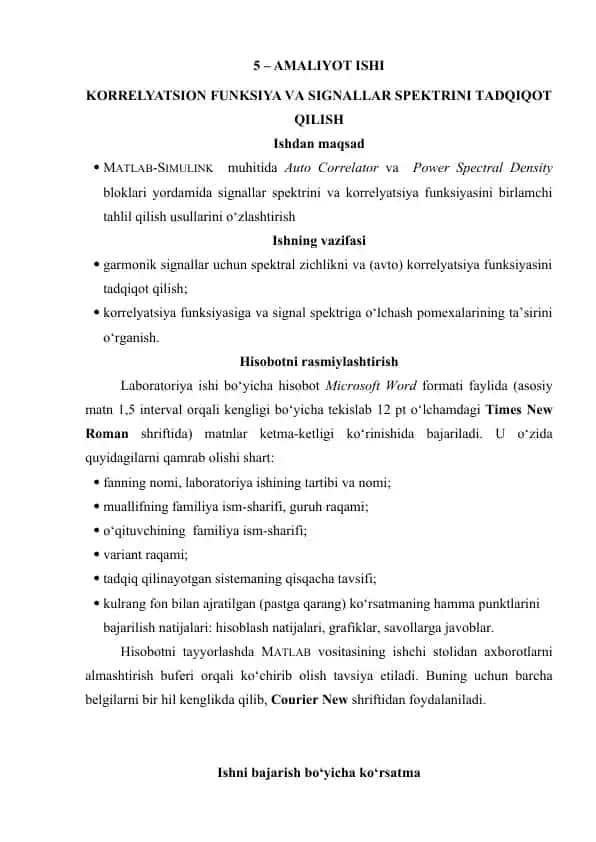 Matlab-Simulink dasturiy ta'minoti uchun Korrelyatsiya funksiyasi va signallar spektrini tadqiqot qilish